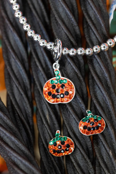 Pumpkin Crystal  Charm Sterling Silver Beaded Stretch Bracelet