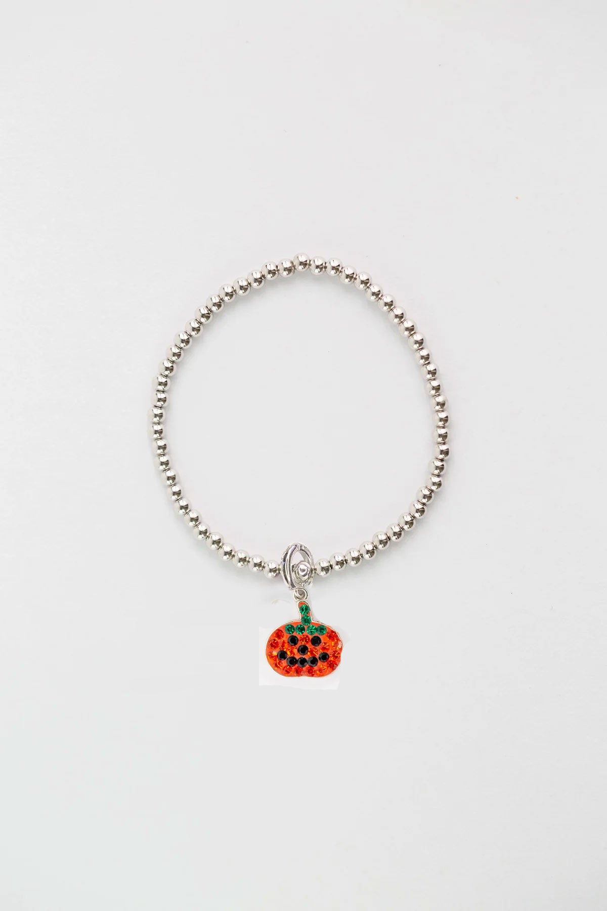 Pumpkin Crystal  Charm Sterling Silver Beaded Stretch Bracelet