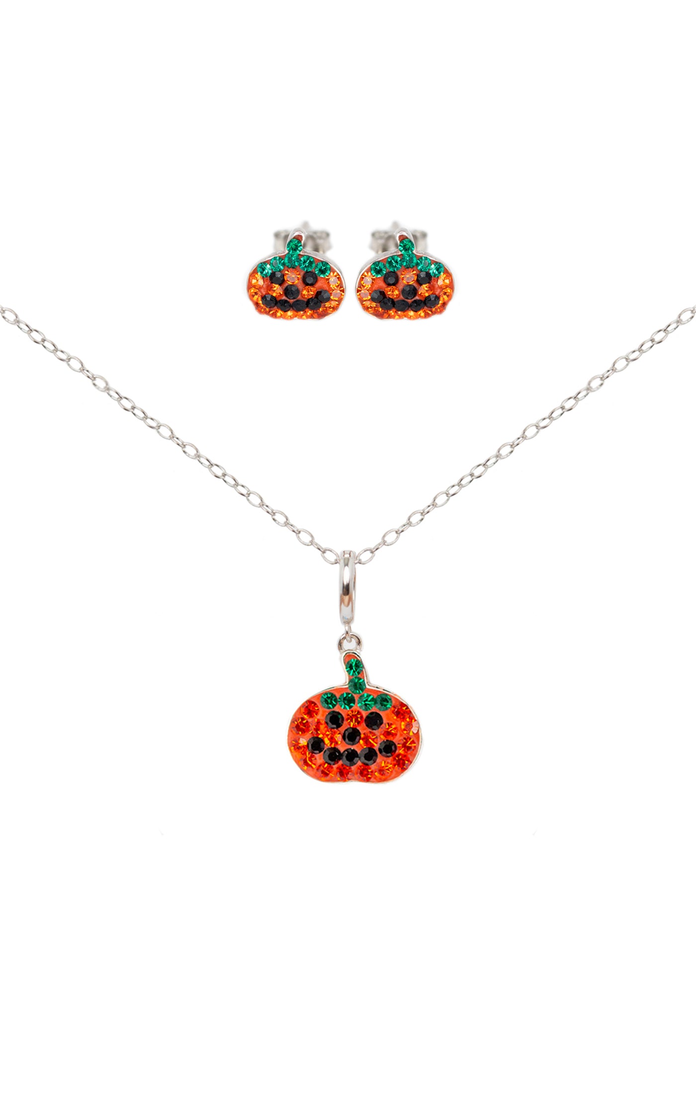 Pumpkin Crystal Sterling Silver Earring & Charm Necklace Set