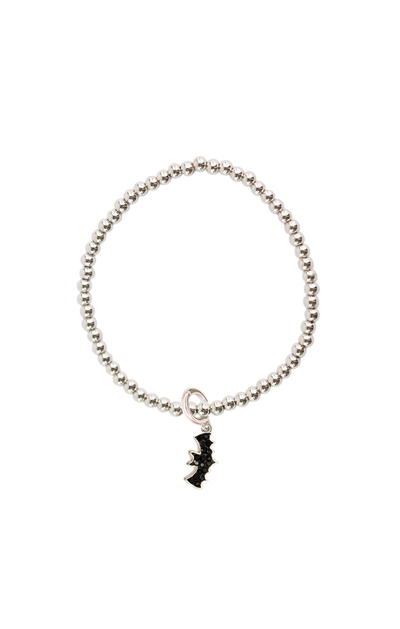 Bat Crystal Charm Sterling Silver Beaded Stretch Bracelet