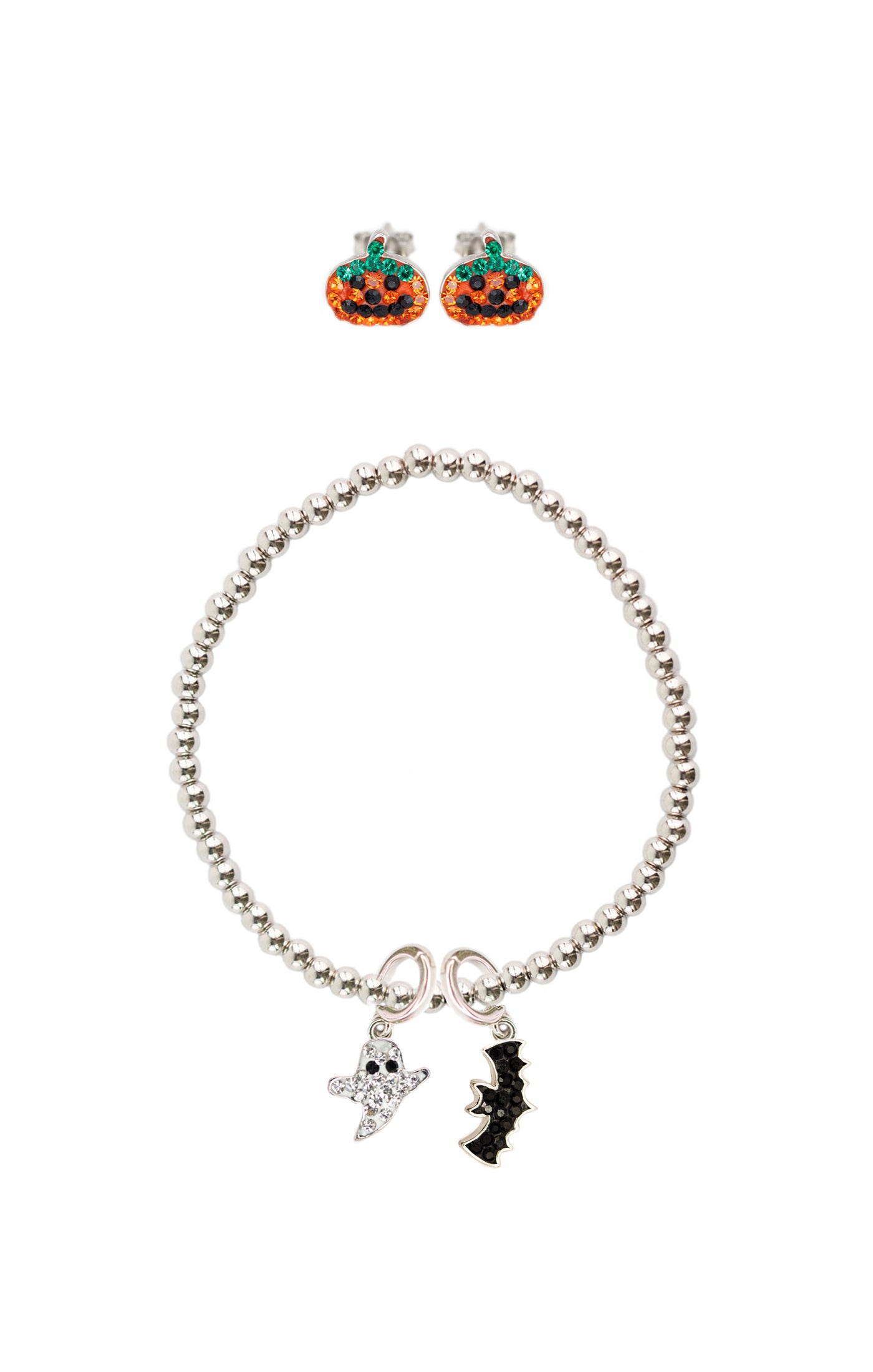 Pumpkin Crystal Sterling Silver Earring with Ghost and Bat Crystal Charm Sterling Silver Beaded Stretch Bracelet Set