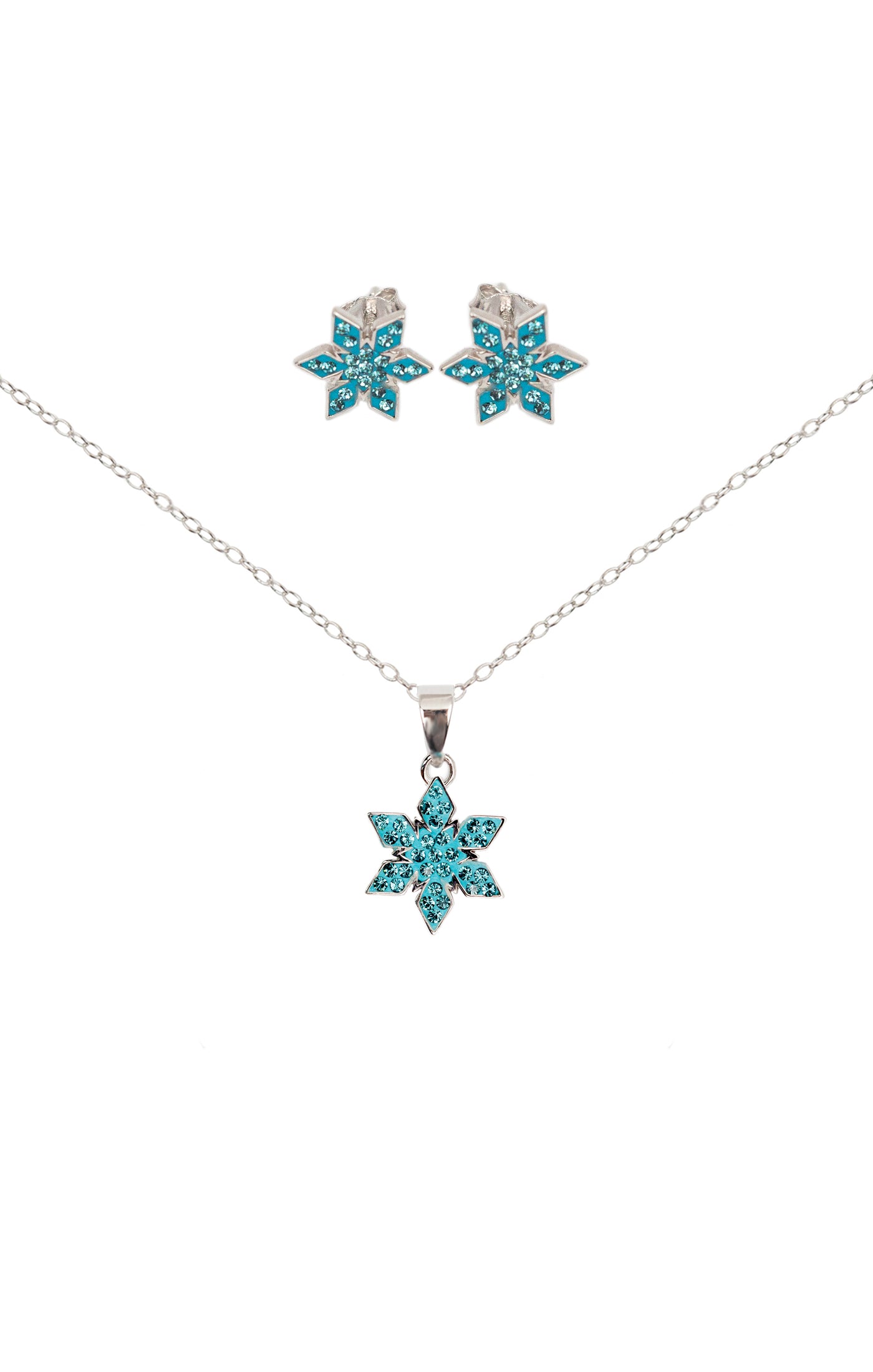 Blue Stellar Snowflake Holiday Crystal Silver Earring and Pendant Necklace Set