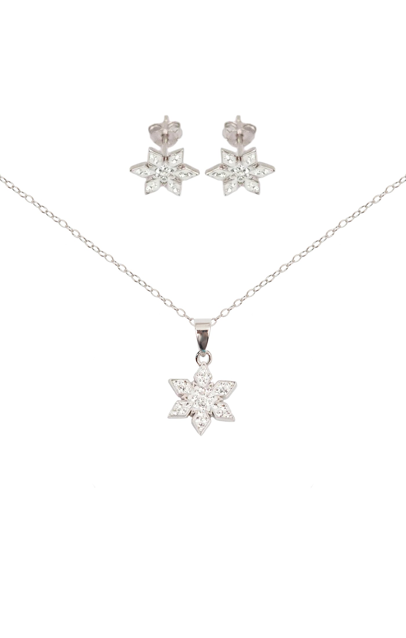 White Stellar Snowflake Holiday Crystal Silver Earring and Pendant Necklace Set