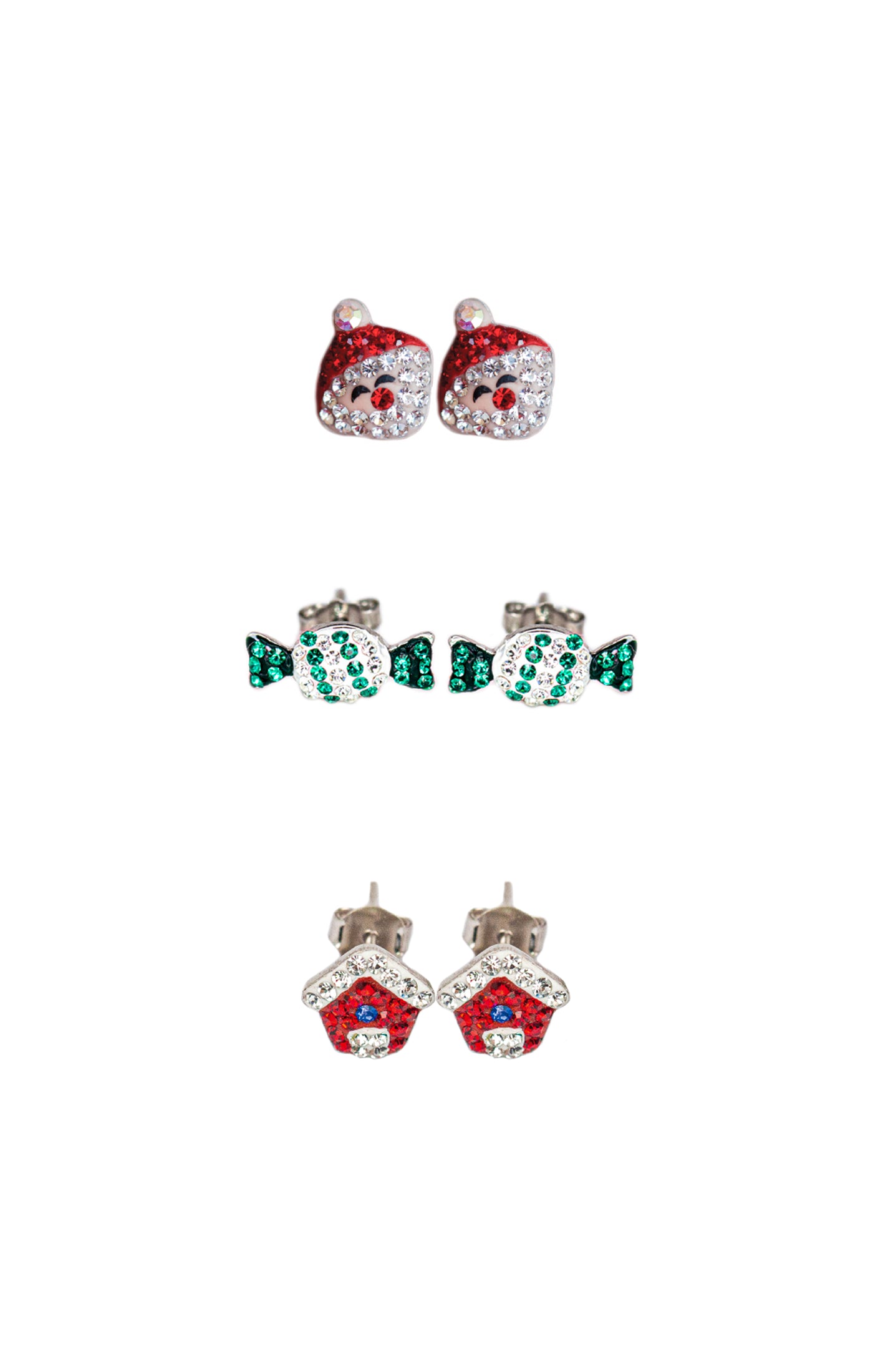 Holiday Cheer Trio Crystal Silver Stud Earrings – Candy, Santa’s House & Jolly Claus