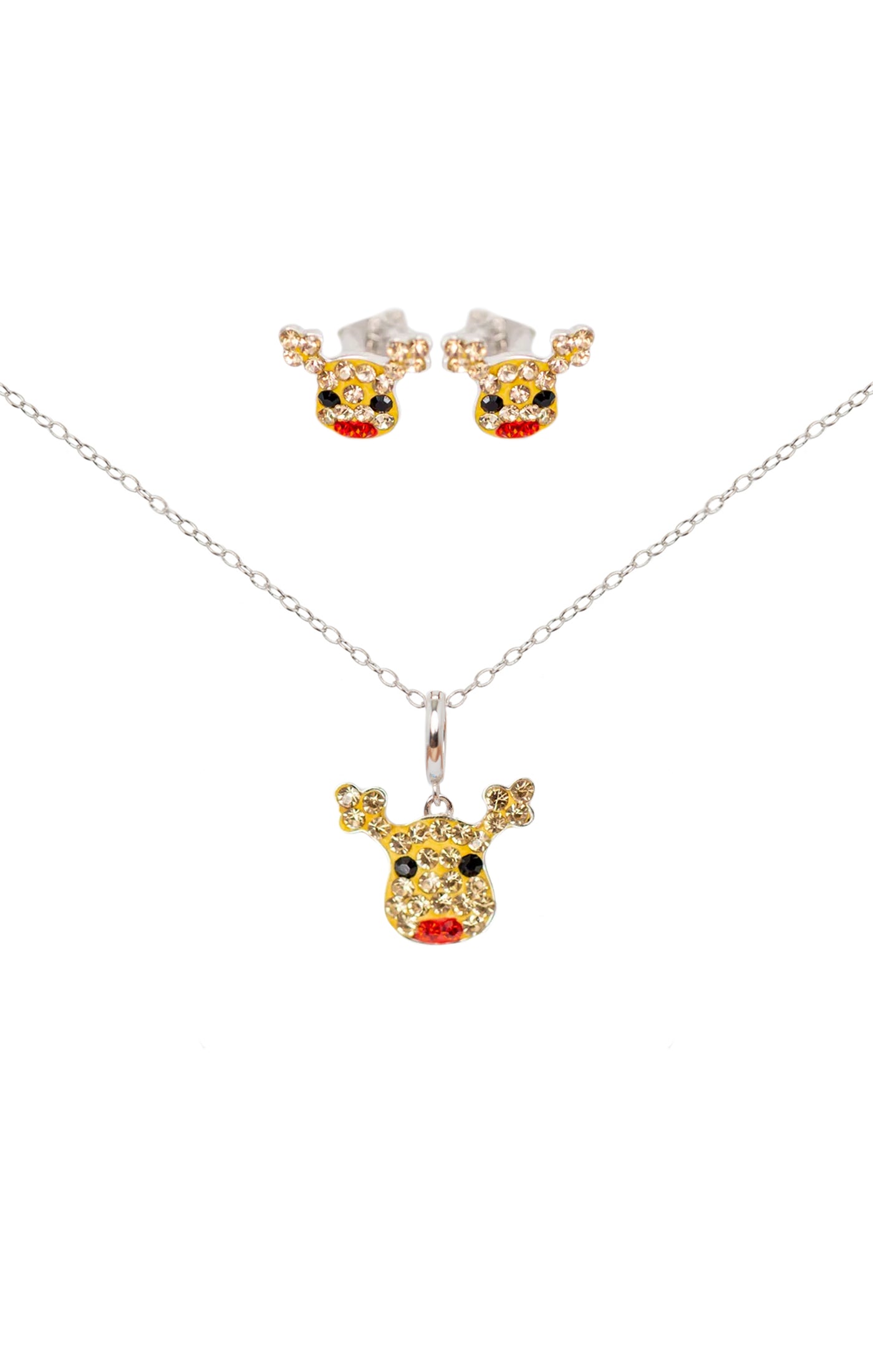 Reindeer Crystal Sterling Silver Earring and Charm Necklace Set