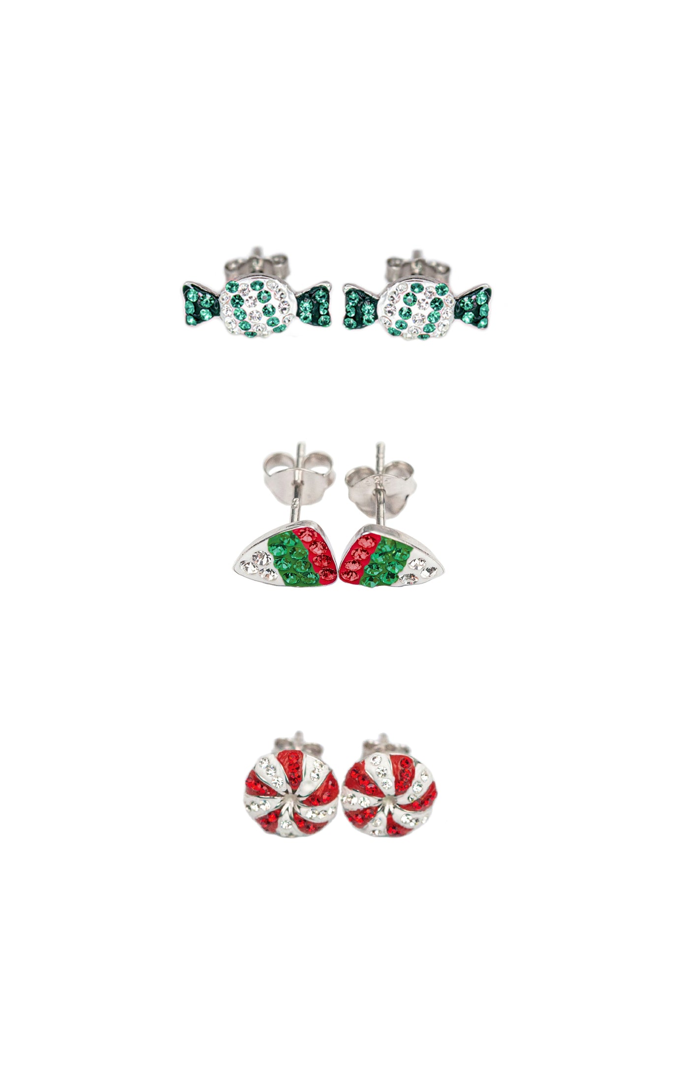 Sweet Holiday Crystal Sterling Silver Three Earrings Set – Candy, Peppermint Swirl & Candy Corn