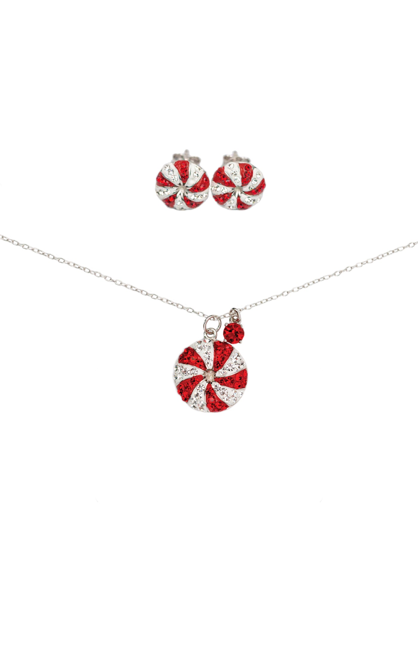 Peppermint Candy Crystal Silver Stud Earring and Charm Necklace Matching Set