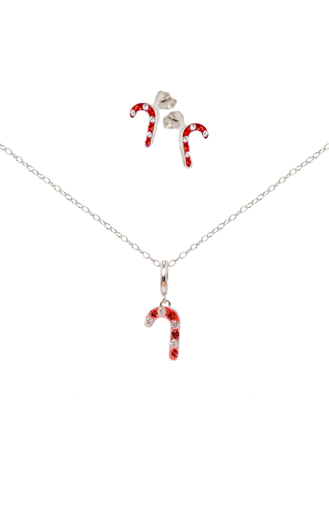 Candy Cane Crystal Sterling Silver Earring and Charm Necklace Set