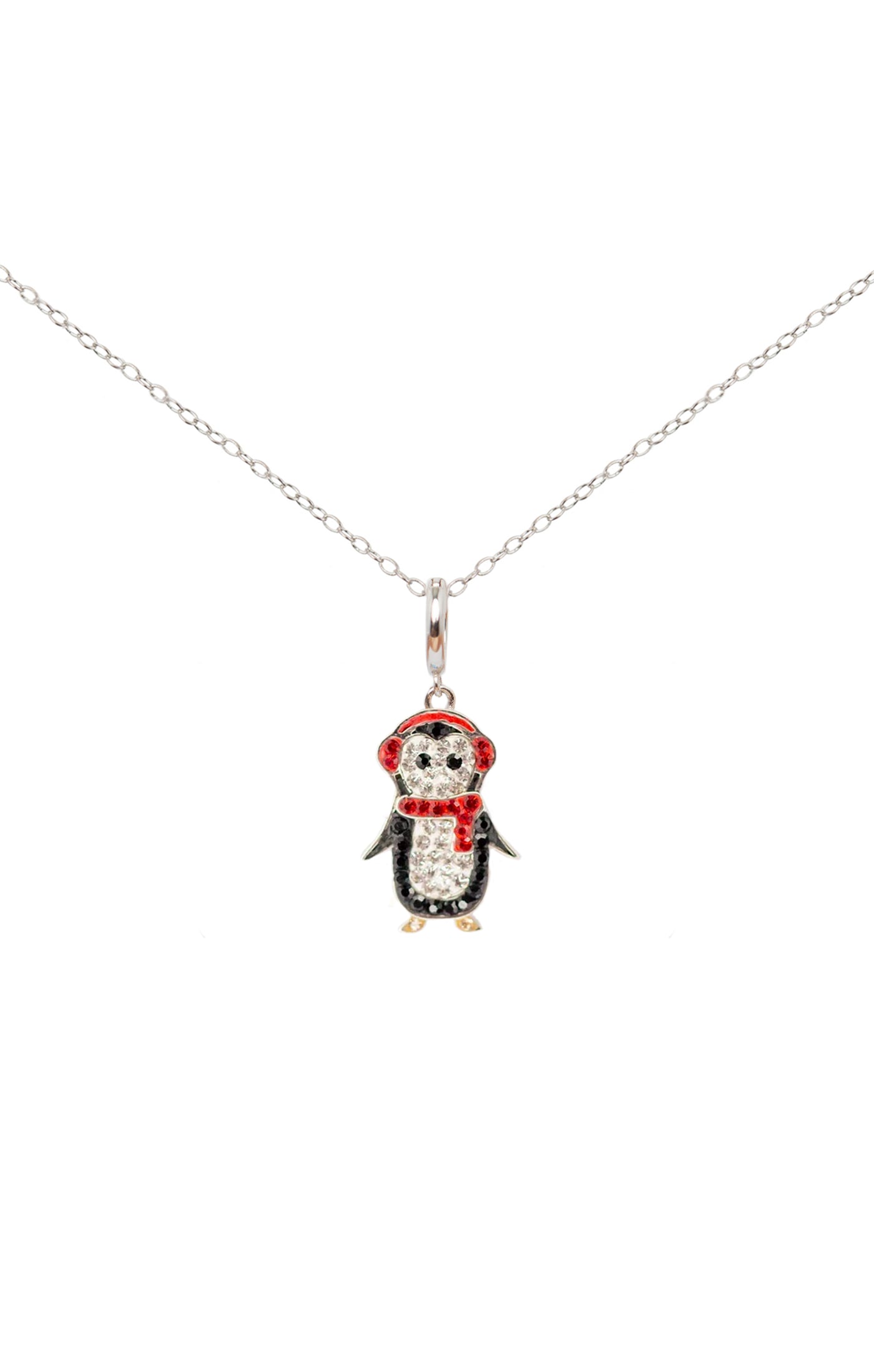 Holiday Penguin with Siam Red Crystal scarf Sterling Silver Charm Necklace