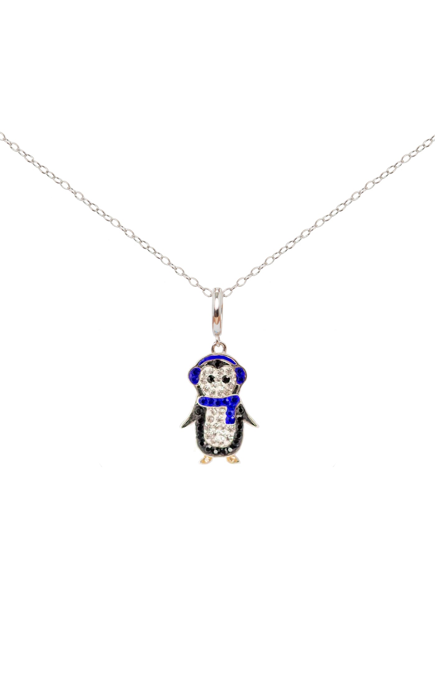 Holiday Penguin with Sapphire Crystal scarf Sterling Silver Charm Necklace