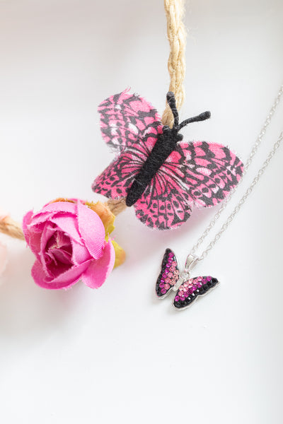 Fuschia Pink Ombre Crystal Butterfly Sterling Silver Necklace | Annie and Sisters