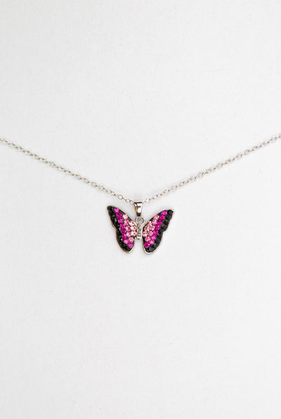 Fuschia Pink Ombre Crystal Butterfly Sterling Silver Necklace | Annie and Sisters