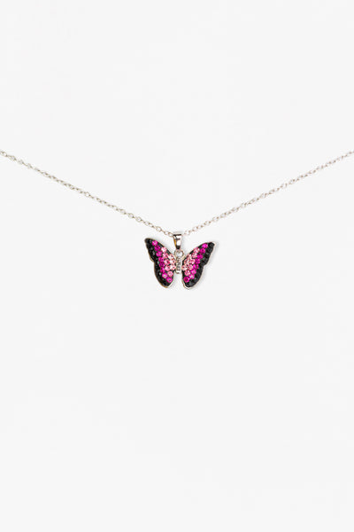 Fuschia Pink Ombre Crystal Butterfly Sterling Silver Necklace | Annie and Sisters