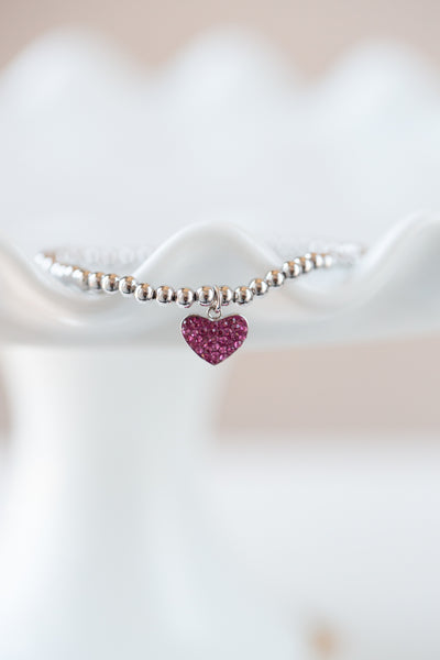 Heart Pave Crystal Beaded Kids Silver Bracelet in Rose Pink | Annie and Sisters