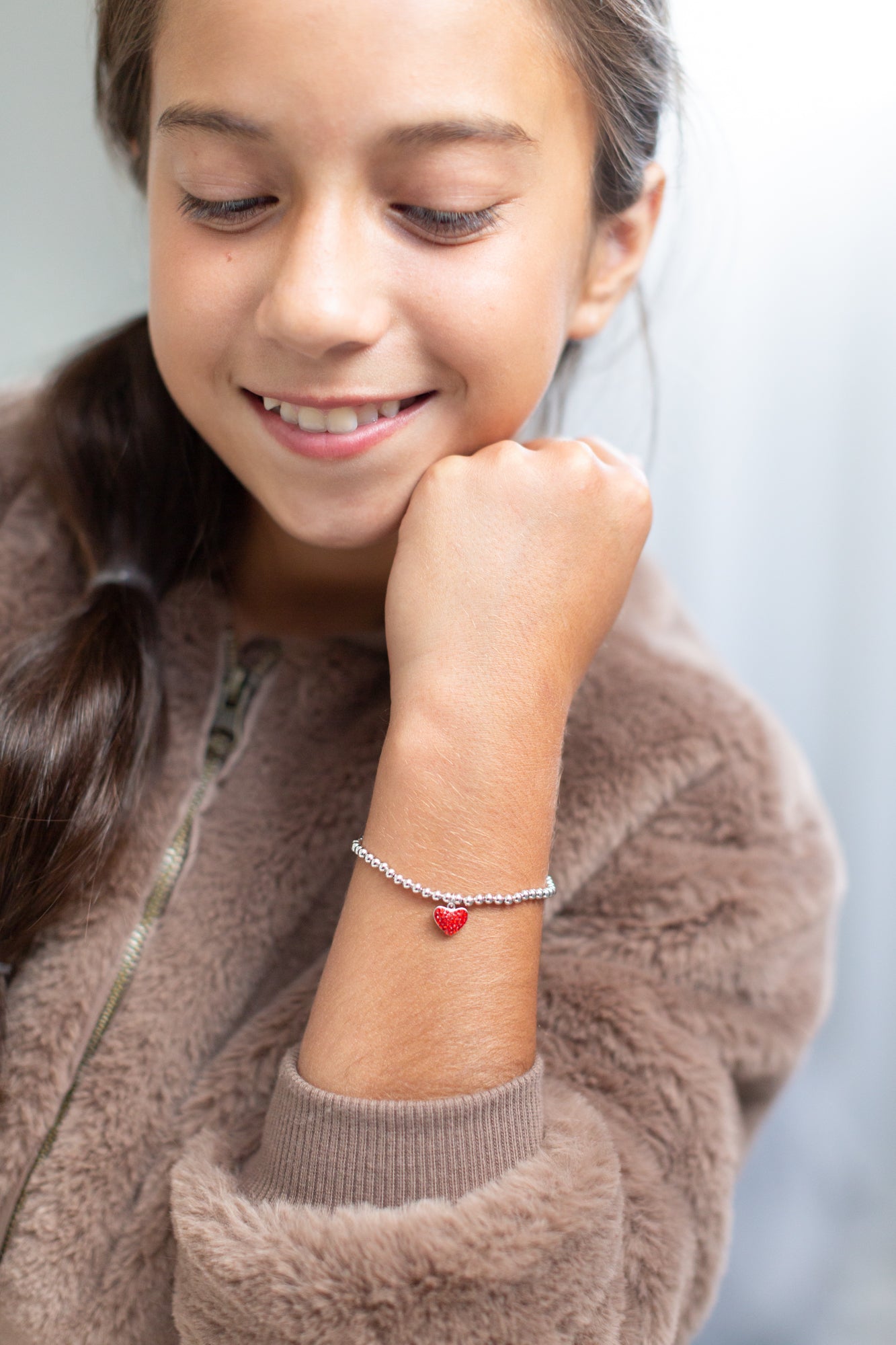 Heart Pave Crystal Beaded Kids Silver Bracelet in Siam Red | Annie and Sisters