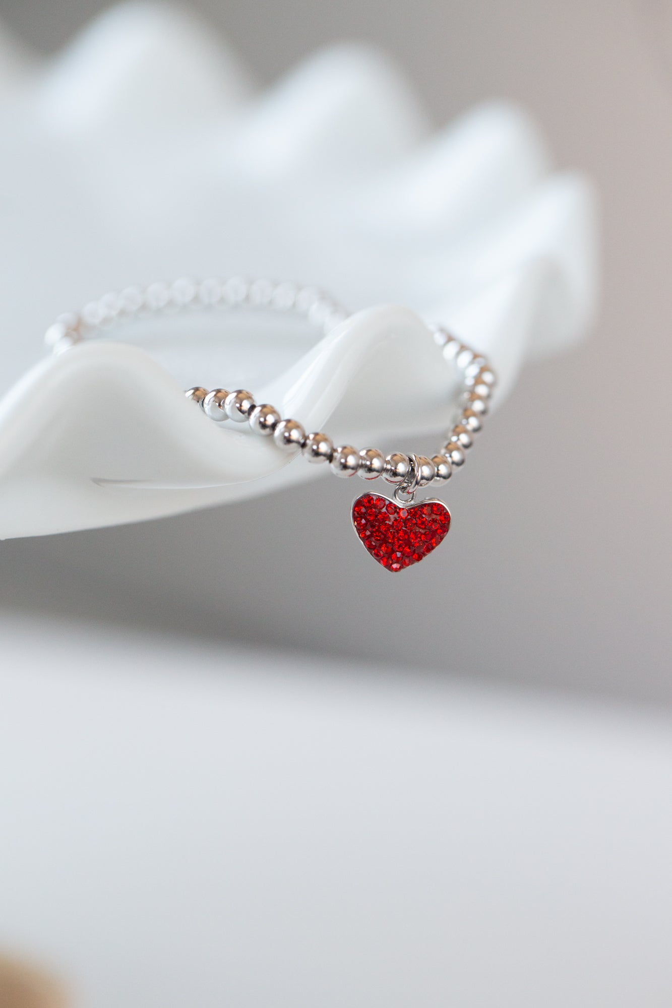 Heart Pave Crystal Beaded Kids Silver Bracelet in Siam Red | Annie and Sisters