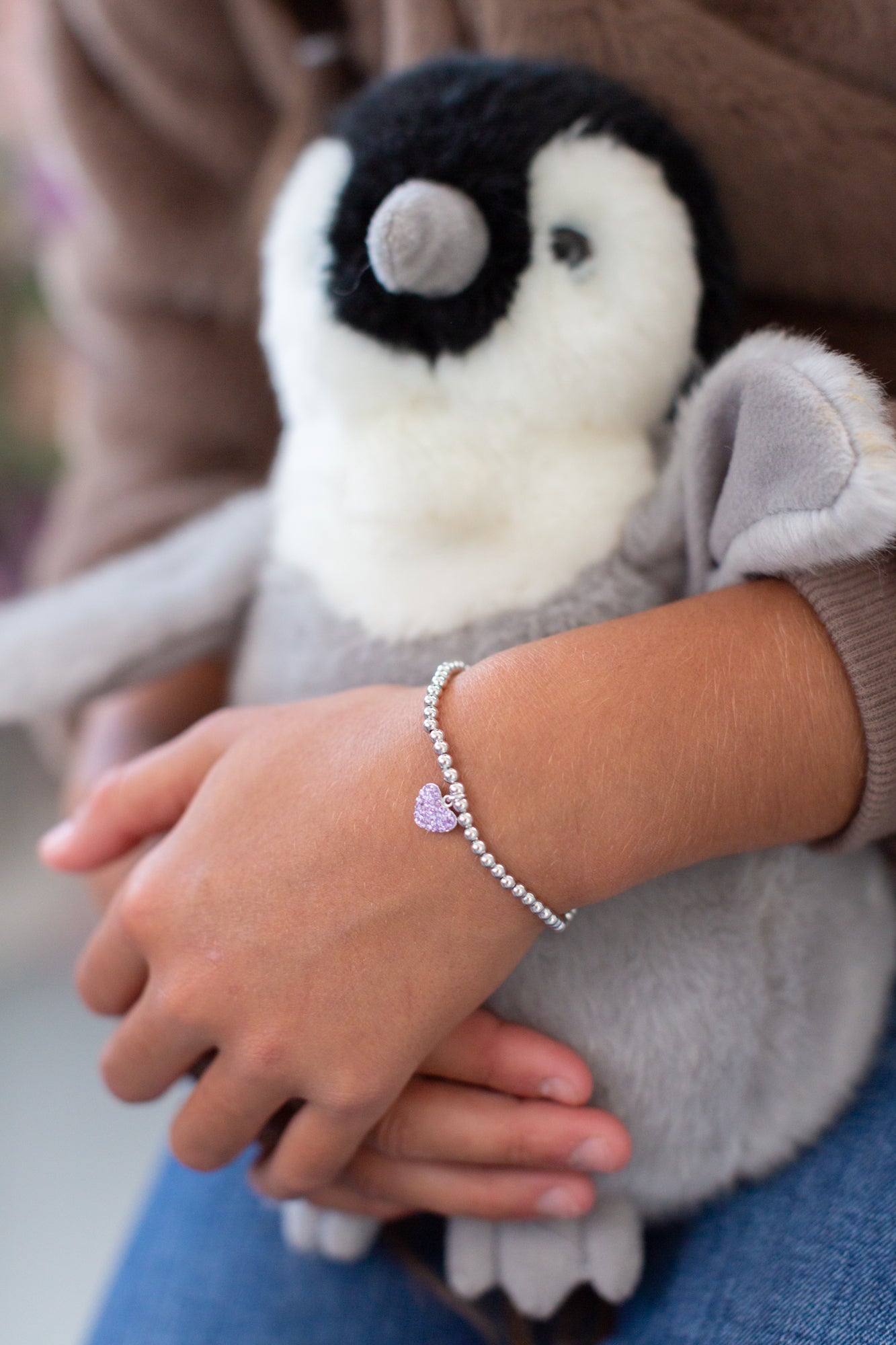 Heart Pave Crystal Beaded Kids Silver Bracelet in  Violet | Annie and Sisters