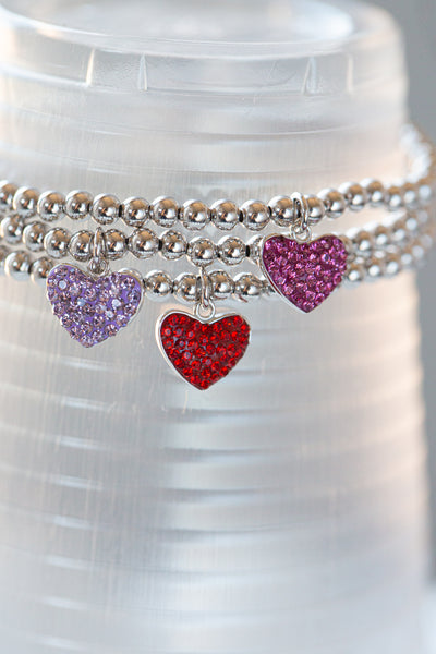 Heart Pave Crystal Beaded Kids Silver Bracelet in multi color | Annie and Sisters